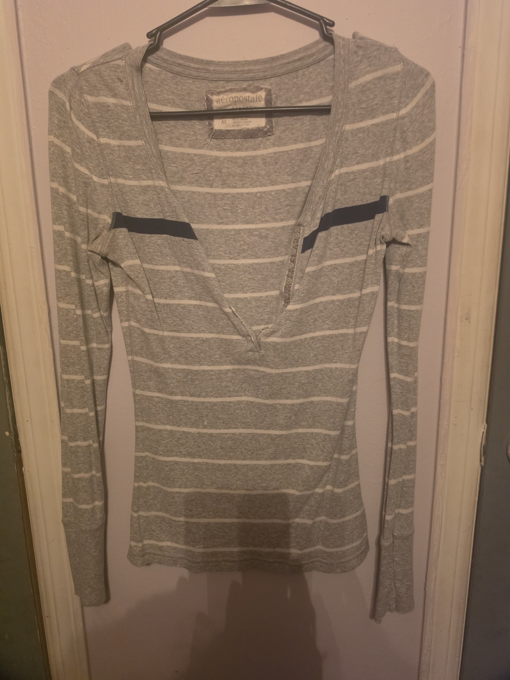 Aeropostale Gray and White Striped Long-Sleeve V-Neck Top with Navy Accents